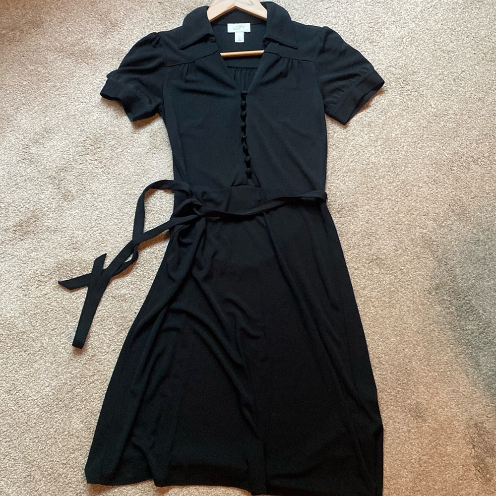 LOFT Black Short-Sleeve Collared Midi Dress with Tie Waist